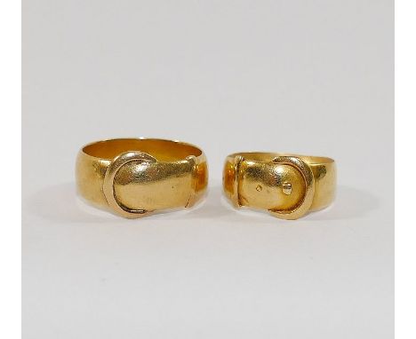 A Victorian 18 carat gold buckle ring, Birmingham 1886, finger size K, and another buckle ring stamped '18', finger size O, c