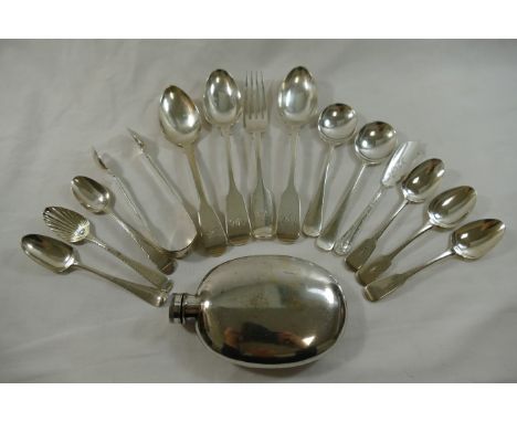 Assorted Georgian and later silver cutlery, combined weight 7.17ozt, 223.3g, and a few silver plated items including an oval 