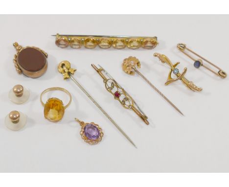 A collection of Victorian and later 9 carat gold and other gem set jewellery comprised of a 9 carat gold bloodstone and carne