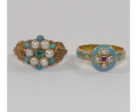 An 18 carat gold turquoise enamel, seed pearl and ruby ring,  Birmingham 1866, finger size G 1/2, 2.4g gross, and a half pear