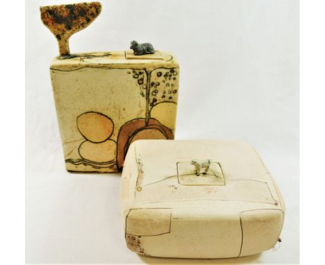 Sarah Palmer (20th and 21st Century British)+Two abstract ceramic boxes, the larger 21.5cm high, the lid with sheep finial, t