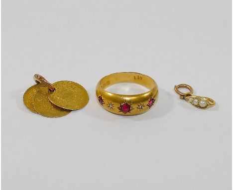 An Edwardian 18 carat gold diamond and ruby gypsy ring (centre stone lose) Chester 1901, finger size K, 2.1g gross, three sma