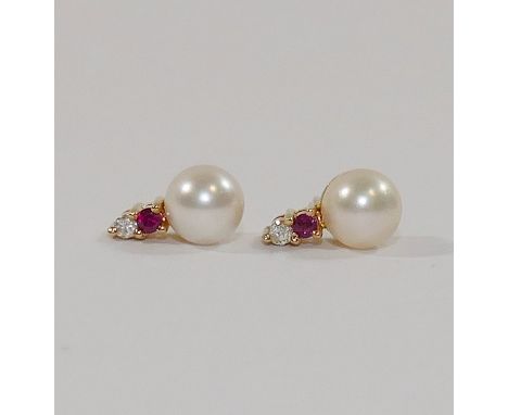 A pair of yellow metal cultured pearl earrings, each set with a small diamond and ruby, unmarked, 1cm long, boxed CONDITION R