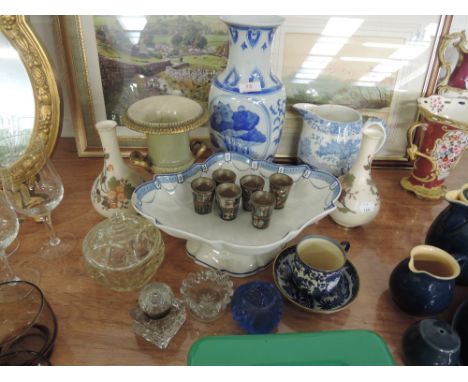 A selection of ceramics including Spode jug, blue and white vase, glassware and inkwell etc