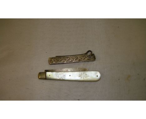 Silver bladed mother of pearl handle folding fruit knife and one other silver sheath chatelaine folding multi tool knife