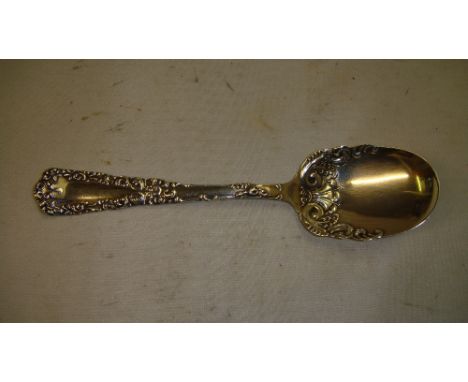 Solid continental silver stamped Sterling jam spoon with repousse work decoration 23 g 