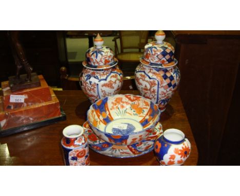 Japanese Imari vases, dishes and assorted ruby and cranberry glass