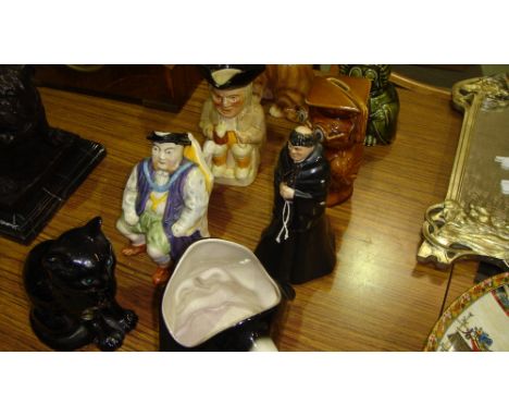 Assorted decorated china including Sylvac & Melba China Cat, assorted Toby jugs etc.