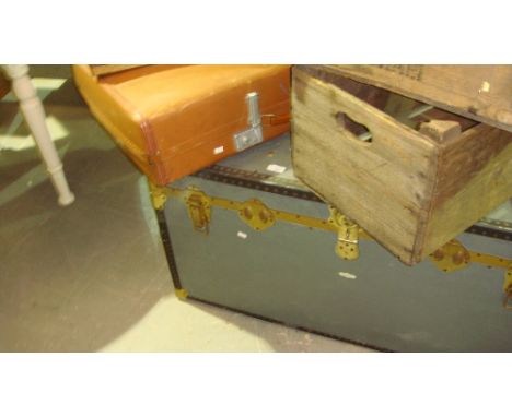 Vintage metal steamer trunk & suitcase