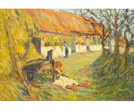 Attrib. Vincenzo Irolli (Italian 1860-1949): Girl by a Haystack, oil on panel signed, inscribed and dated 1907 verso 23cm x 3