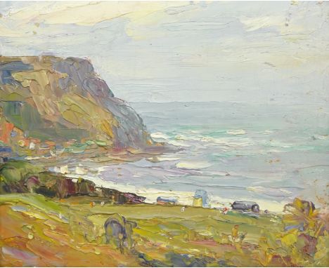 John William Howey (Staithes Group 1873-1938): 'Runswick Bay', oil on panel signed, titled signed and dated 'Easter 1935' ver