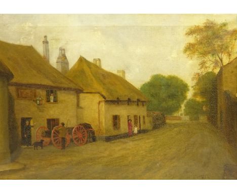R M*** RCA (English Primitive School): Village Street, late 19th century oil on canvas indistinctly signed 50cm x 70cm Condit