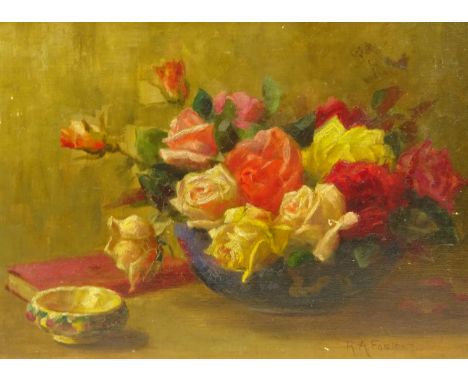 R A Foster (British exh.1898-1939): Still Life - Bowl of Roses, oil on board signed 24cm x 34cm Condition Report Click here f