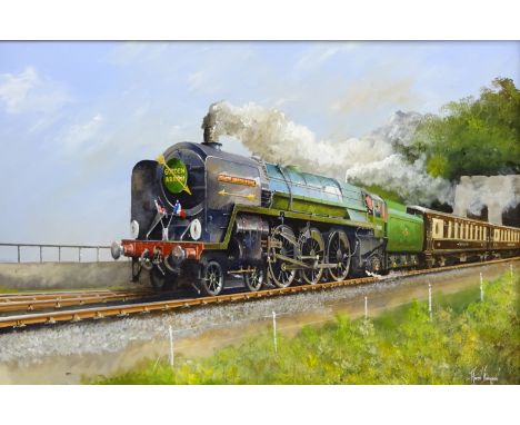 Adrian Thompson (British 1960-): The Golden Arrow 'William Shakespeare' Railway Locomotive pulling Pullman Carriages, oil on 