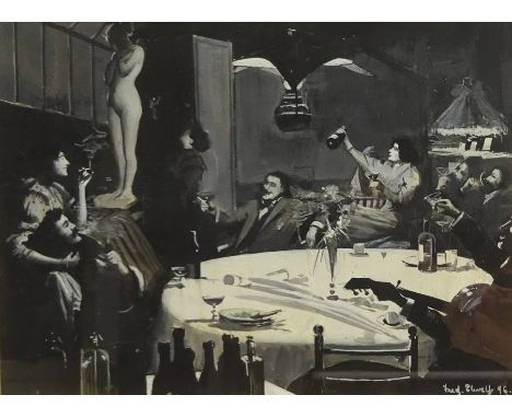 Frederick William Elwell RA (British 1870-1958): The Artist's Evening of Appreciation, black and white gouache signed and dat