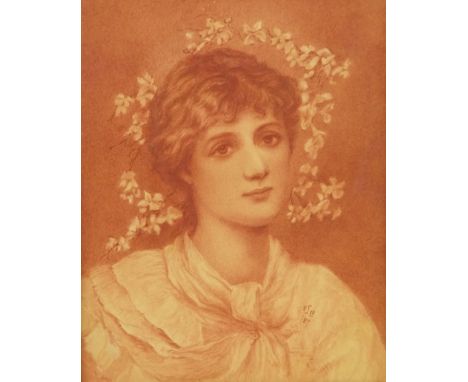 Sir Edward James John Poynter (British 1836-1919): Bust Portrait of a Girl with a Garland of Flowers in her Hair, watercolour