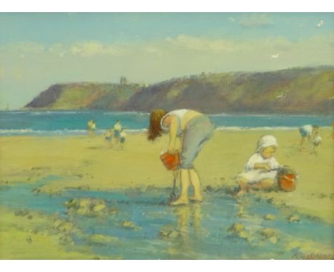 Richard Marshall (British 1944-2006): Children playing on the Beach at Sandsend, oil on board signed Provenance: with T B & R