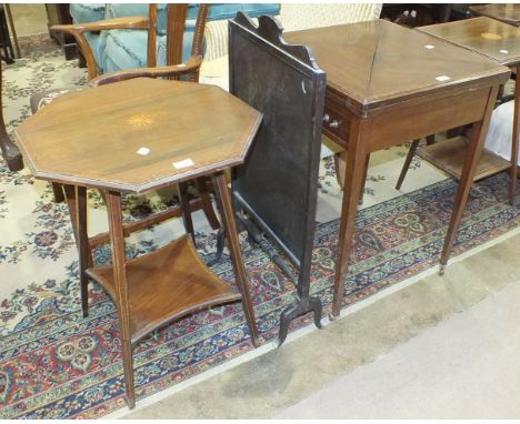A mahogany envelope card table, 56cm, an inlaid mahogany octagonal occasional table and a fire screen, (3).