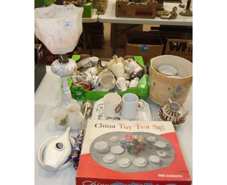 A ceramic table lamp, a Japanese china toy tea service, in original box and a collection of ceramics and miscellaneous items.