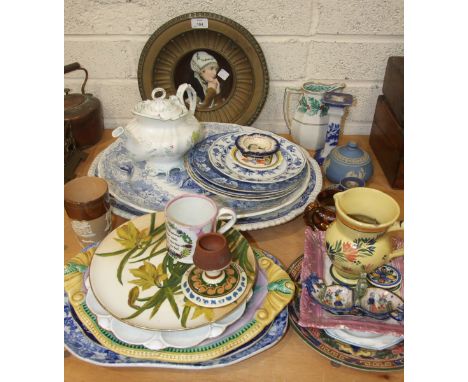 A 'Chinese Marine' decorated blue and white opaque china meat plate, 51cm, other meat plates, a Vienna-style shallow dish dec