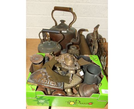 A collection of brass, pewter and copper ware, including kettles, brass shoes, door knocker, tankards, etc, etc.