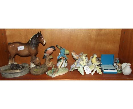 Three Royal Worcester bird ornaments, 'Fledgling Great Tit', 'Fledgling Wren', 'Fledgling Blue Tit', a Kaiser 'Thoroughbred M