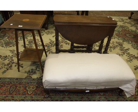 A hardwood oval drop-leaf gate-leg table, 56 x 84cm, a mahogany occasional table and an upholstered stool, (3).