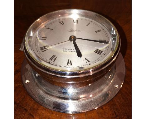 Small chrome plated ships clock with alarm 9cms diam
