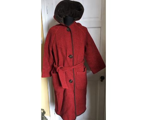 Vintage red wool coat, small darn with 1960s fur trimmed dress. Tear to fur at bottom.