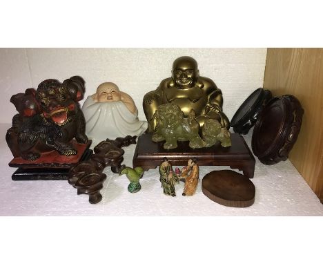 Various Chinese objects including wooden dog of Foo, Buddhas in brass 21cms h &amp; ceramic, stands etc...