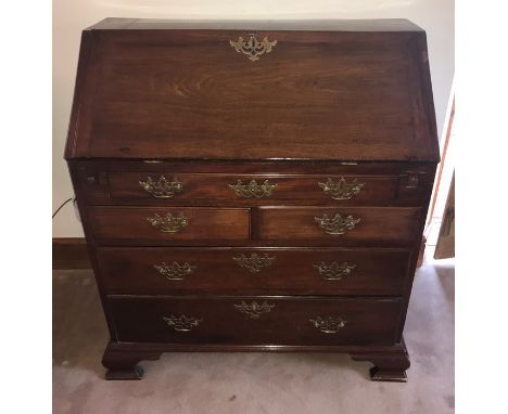 18thC mahogany bureau on ogee bracket feet with replacement handles and feet - 94cms w, 50cms d, 108cms h 