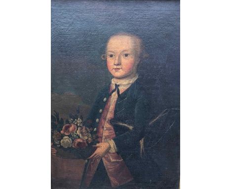 18thC portrait of a young boy with flowers and a tricorn hat. Oil on canvas in good original condition 75 x 53 cms