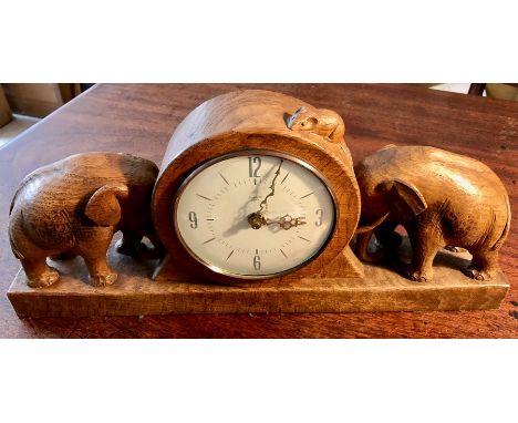 Robert "Mouseman" Thompson mantle clock  two elephants flanking the clock 44 cm wide