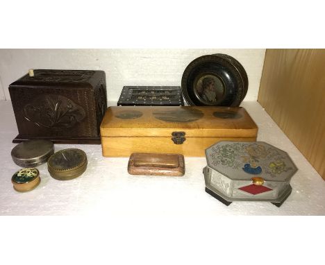 Nine various boxes including mauchline ware box, slight a/f to top,WW II aluminium box, Rowntrees tin, snuff box etc...