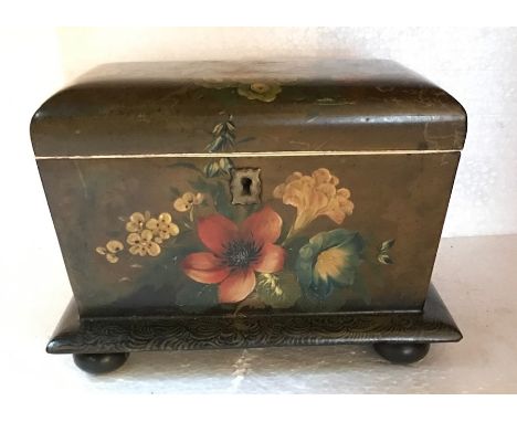 A 19thC papier-mâché floral painted tea caddy, 18cms x 11cms x 13cms h