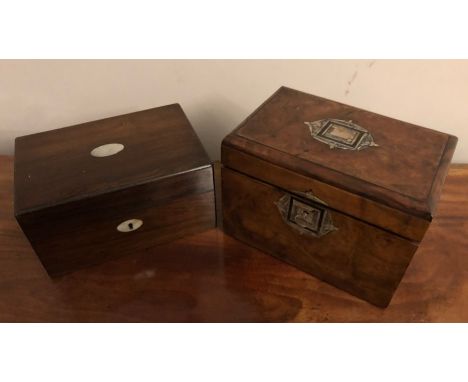 Victorian Walnut tea caddy with mother of pearl inlays and a rosewood work box 20.5 x 13.5 cms