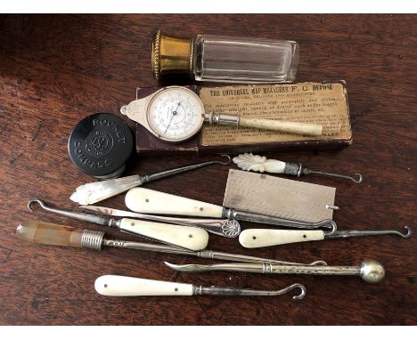 Miscellany to include bone handled button hooks, map measurer, compass etc.