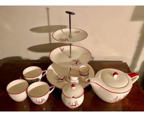 Crown Devon Fieldings Stockholm pattern part tea service etc. inc. 3 tier cake stand, honey pot, teapot, milk, sugar toast ra