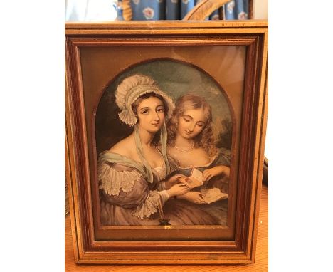 A mid 19thC good quality portrait of two ladies of distinction painted on porcelain , frame size - 17cms x 13.5cms 