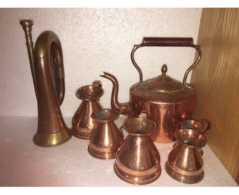 A quantity of copper including kettle, measures and bugle from National Reserve, Leeds.