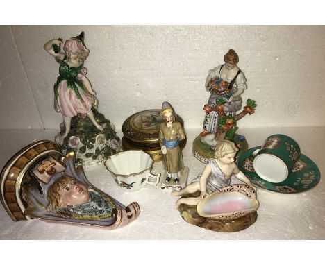 Good quality continental porcelain to include Dresden putti with shell, Dresden figurine, 19cms, good quality lidded bowl, wa