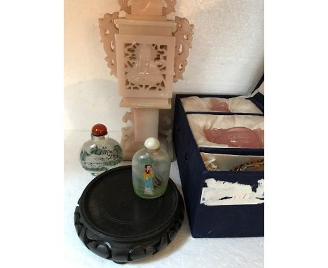 Chinese items including rose quartz jar in box, soapstone ornament - 33cms, two interior painted Chinese snuff bottles and st