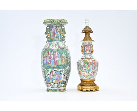 Two Chinese Canton famille rose vases with palace scenes, one of which mounted as a lamp, 19th C.H 60 cm (incl. the mounts) H