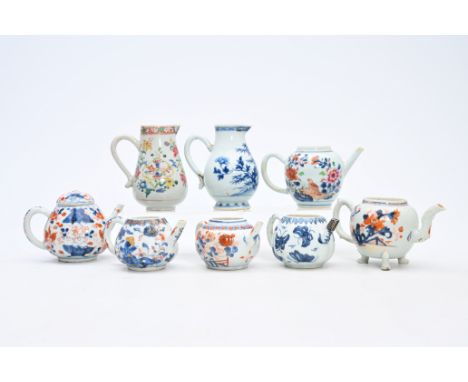 Six Chinese teapots and two milk jugs in blue and white, Imari style and famille rose porcelain, Kangxi/QianlongH 13,5 cm (th