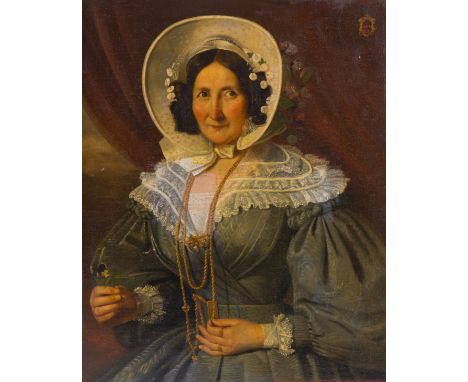 French school: Portrait of Madame Routier de Maisonville, oil on canvas, Damville, dated 1840Work: 80 x 64,5 cm Frame: 97 x 8