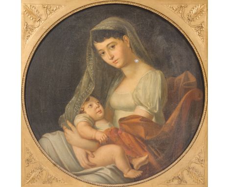 French school: Portrait of Victoire Laffond de Villiers with her child, oil on canvas, first half 19th C.Work: 85,5 x 98,5 cm