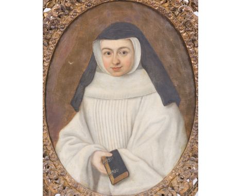 Flemish school: Portrait of a nun, oil on canvas in a beautifully sculpted frame, 18th C.Work: 77 x 59,5 cm Frame: 102 x 83,5