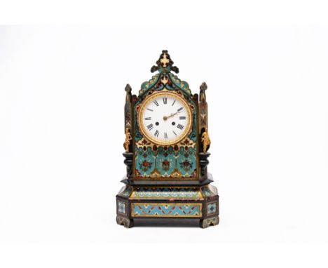 A French Gothic revival ebonized wooden Boulle cathedral-shaped 'crusaders' mantel clock, ca. 1900H 45 cm The work marked 'H.