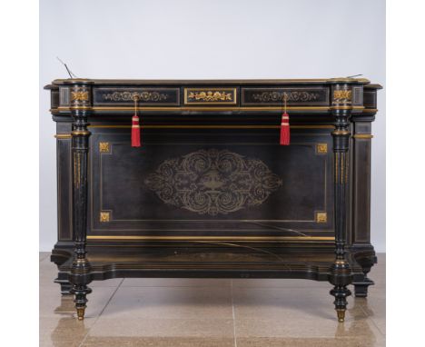 A French Historicism gilt bronze mounted brass marquetry ebonized wooden wall console, 19th C.H 106 - L 165 - D 56,5 cm