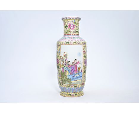 A Chinese yellow ground famille rose vase with palace scenes, Qianlong mark, Republic, 20th C.H 60,5 cm